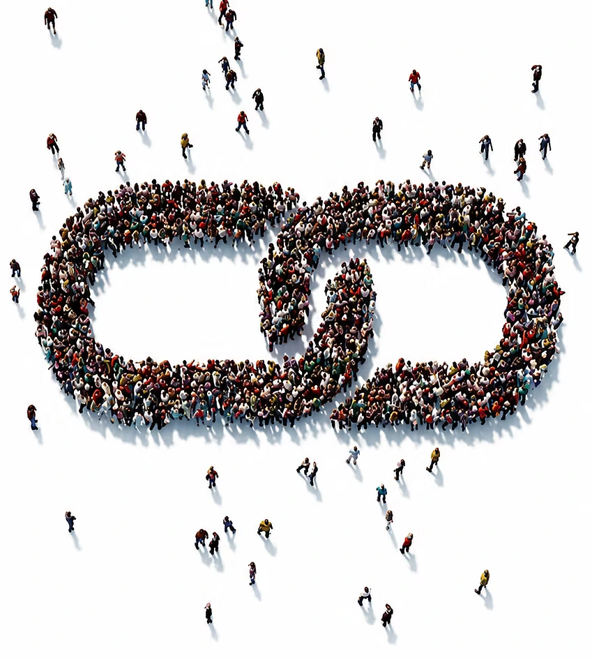 Crowd of people forming a chain link, symbolizing connection